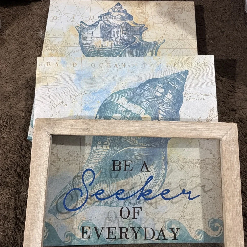 3pc Nautical Wall Art Set Seashell Canvas Prints & Framed Coastal Decor Blue Tan
